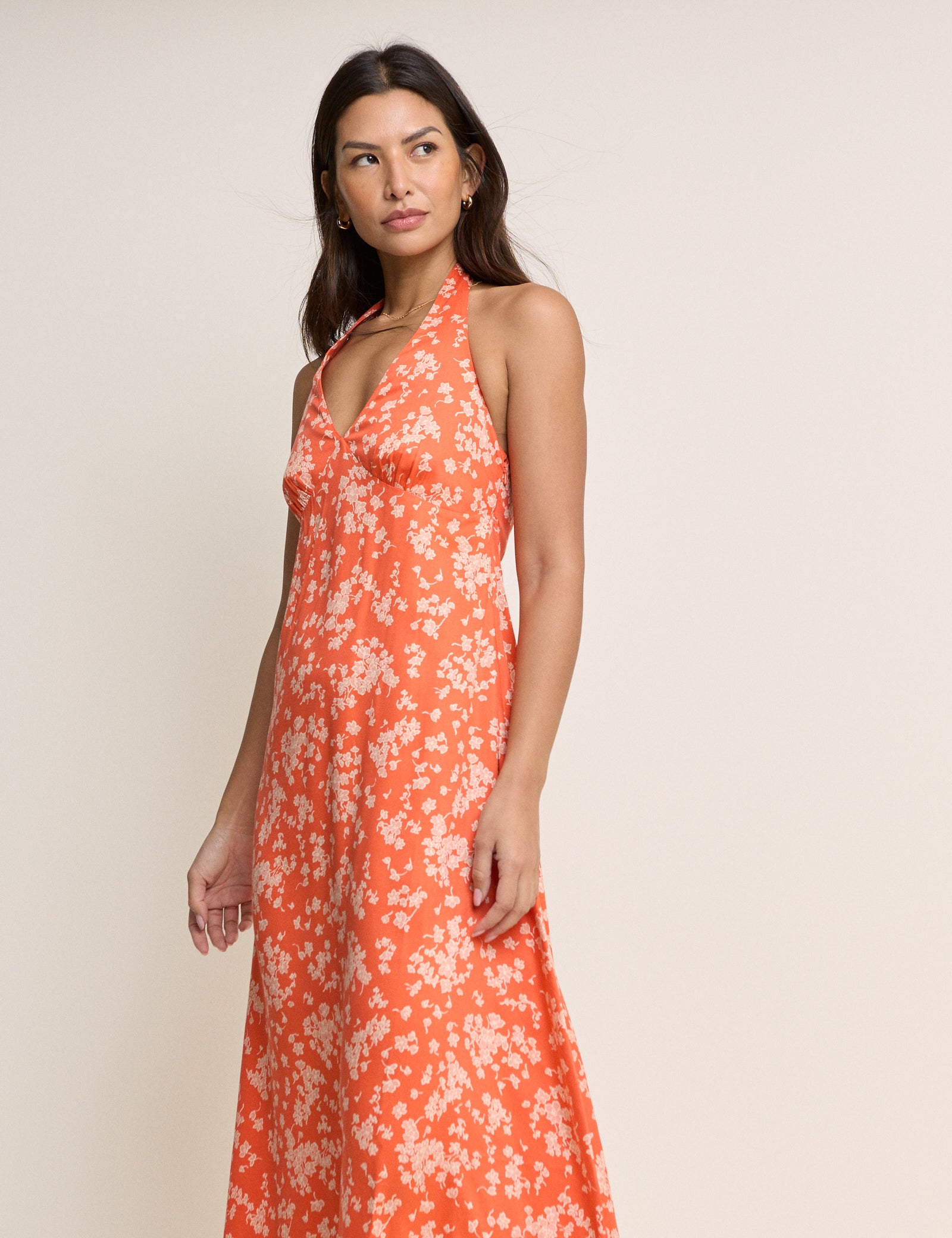 Orange Floral Halterneck Lynette Midi Dress