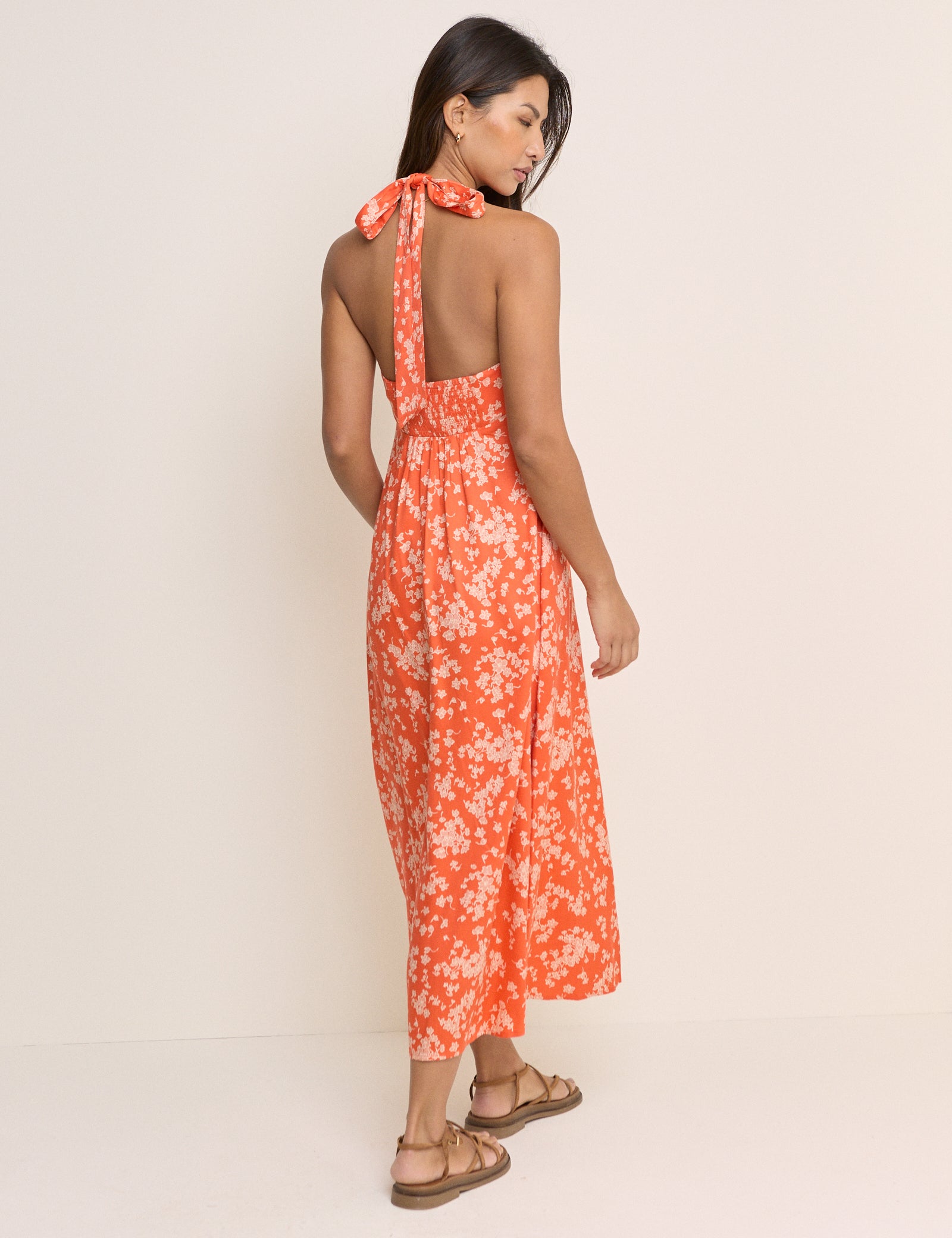 Orange Floral Halterneck Lynette Midi Dress