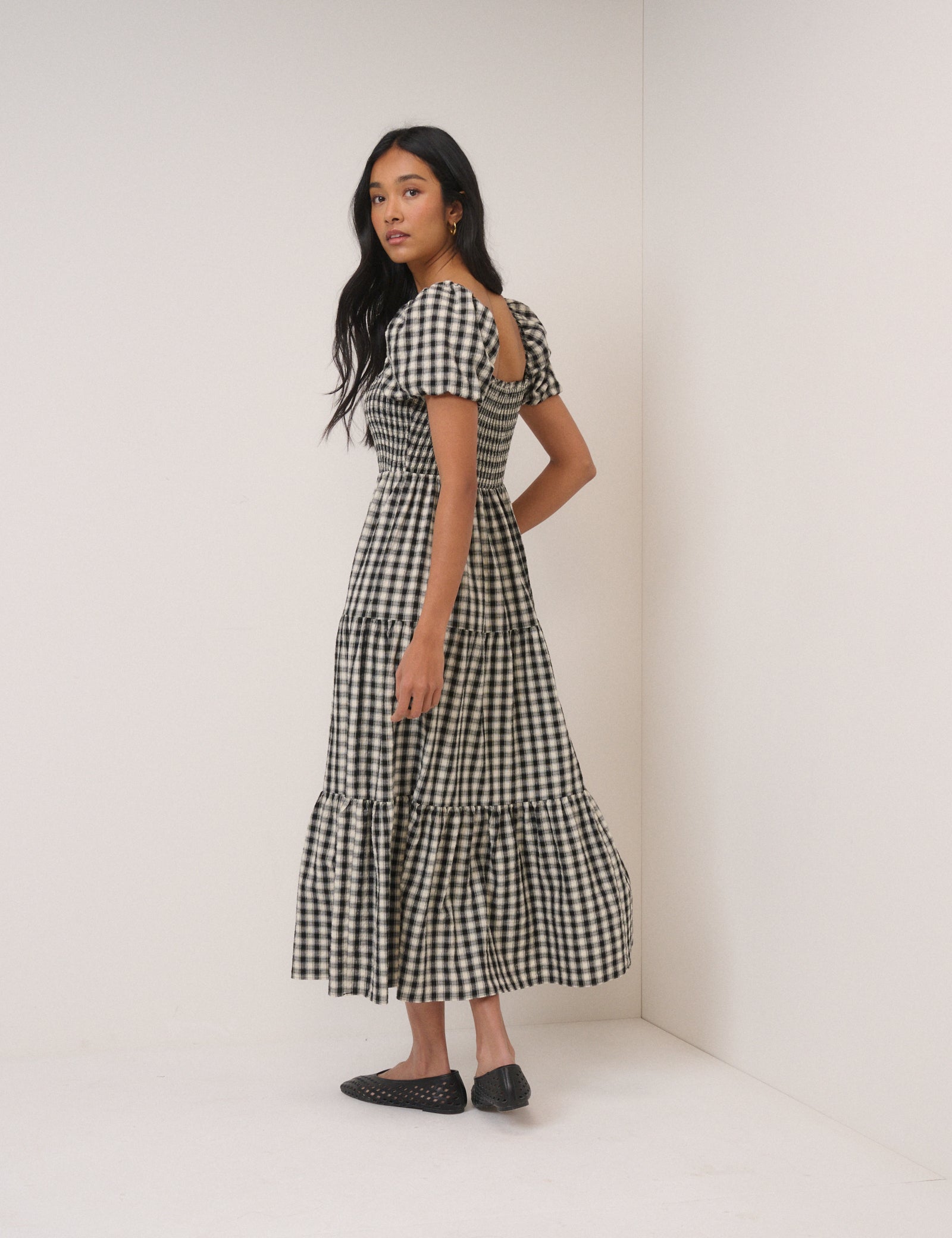 Black Gingham Tiered Joss Midi Dress