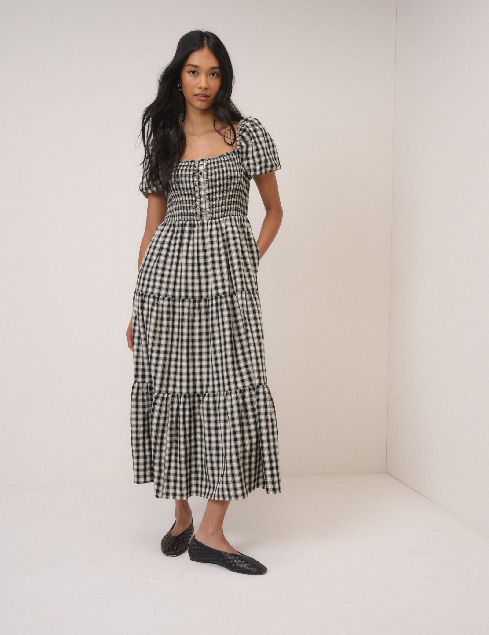 Black Gingham Tiered Joss Midi Dress