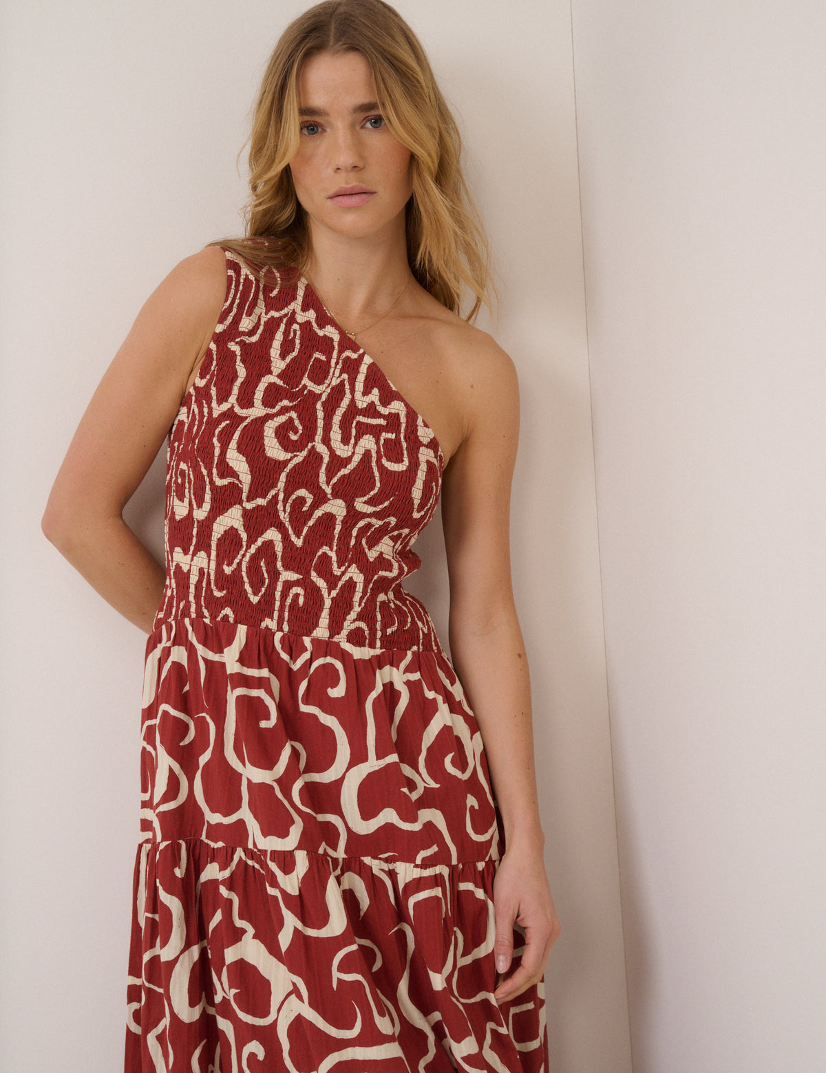 Brown One Shoulder Cecilia Midi Dress