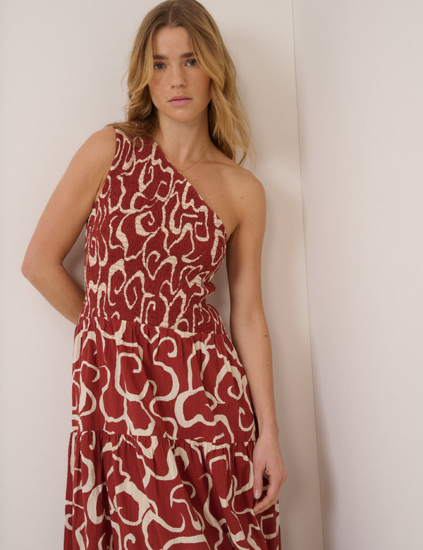 Brown One Shoulder Cecilia Midi Dress