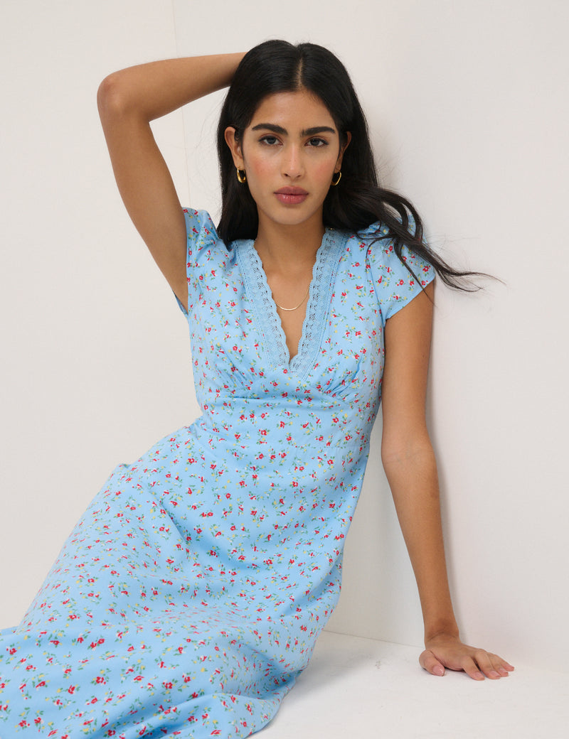 Floral V-Neck Short Sleeve Kacey Midi Dress