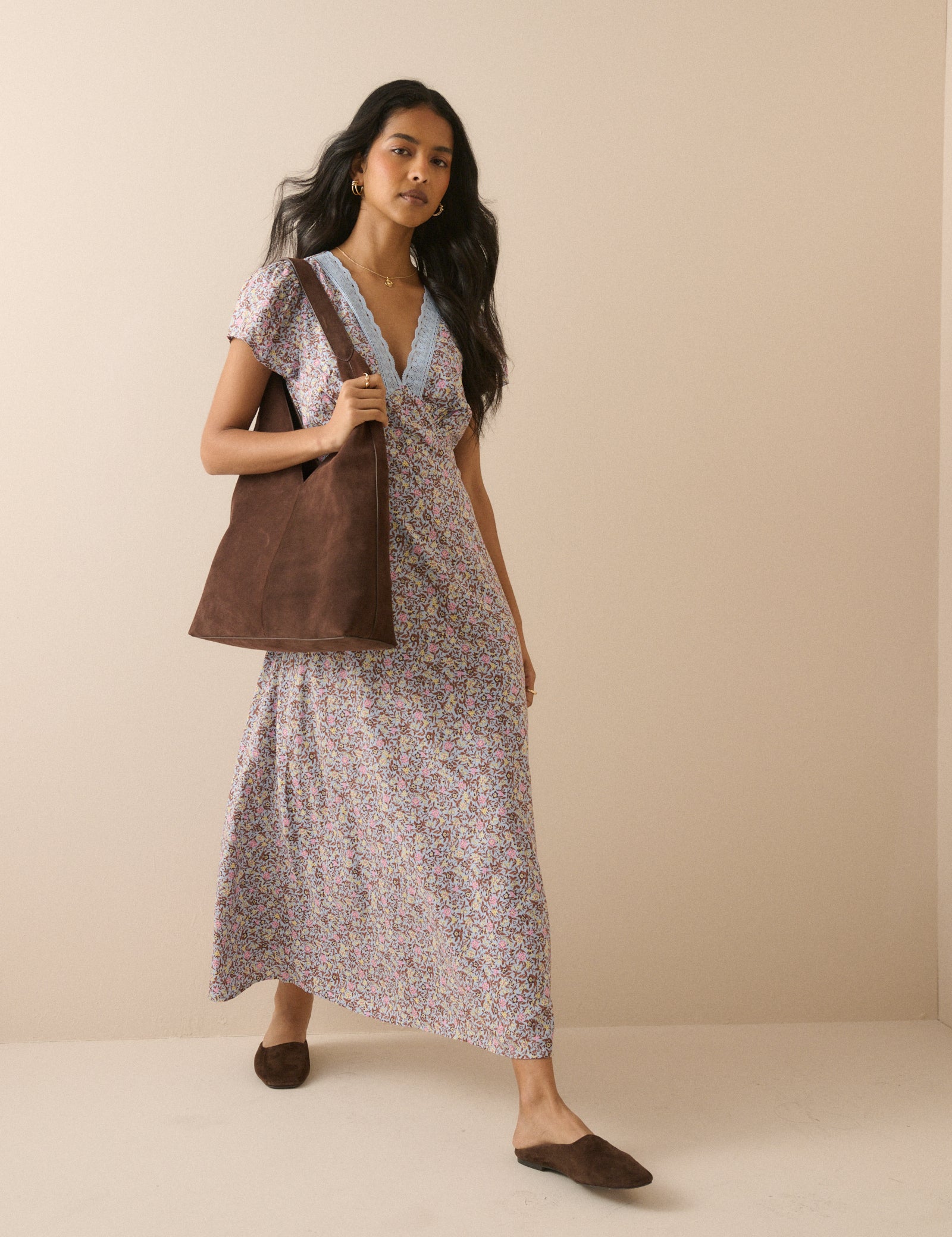 Blue Ditsy Floral Lace Trim Kacey Midi Dress