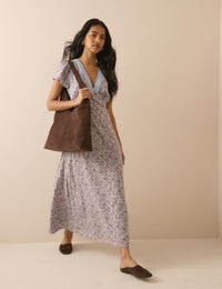 Blue Ditsy Floral Lace Trim Kacey Midi Dress