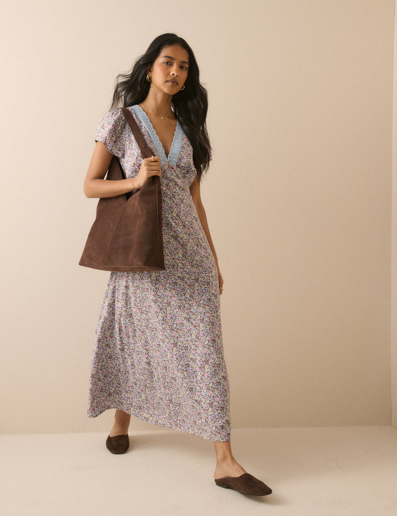 Blue Ditsy Floral Lace Trim Kacey Midi Dress