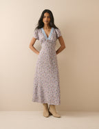 Blue Ditsy Floral Lace Trim Kacey Midi Dress