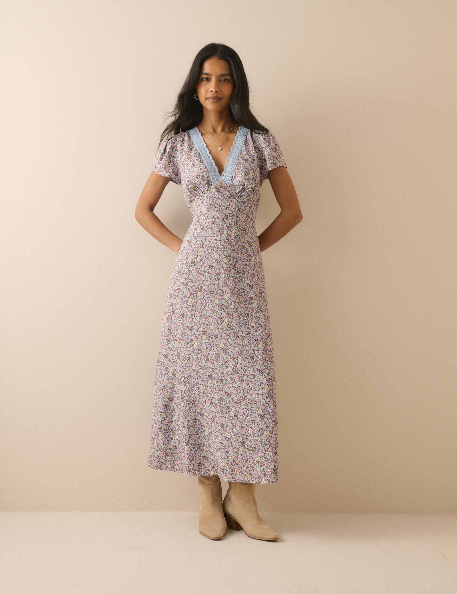 Blue Ditsy Floral Lace Trim Kacey Midi Dress