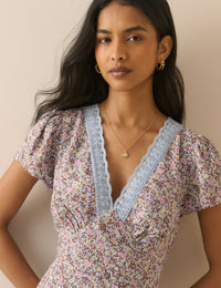 Blue Ditsy Floral Lace Trim Kacey Midi Dress