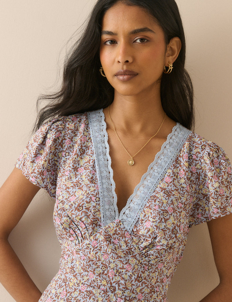 Blue Ditsy Floral Lace Trim Kacey Midi Dress