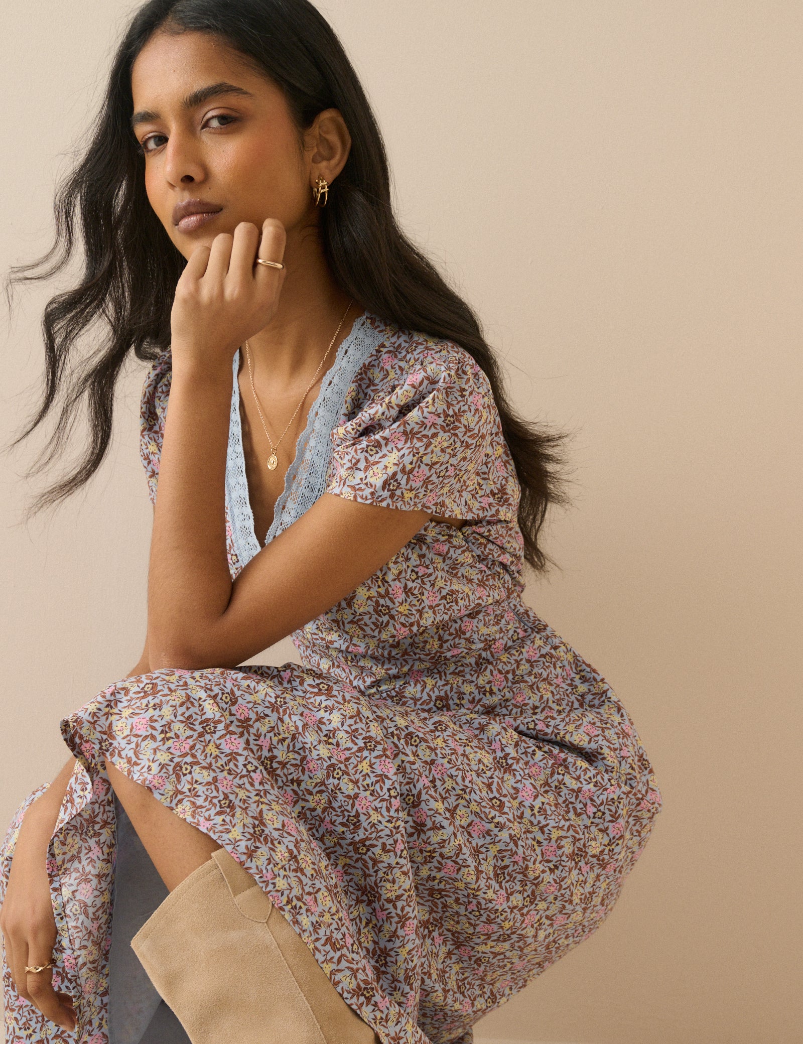 Blue Ditsy Floral Lace Trim Kacey Midi Dress