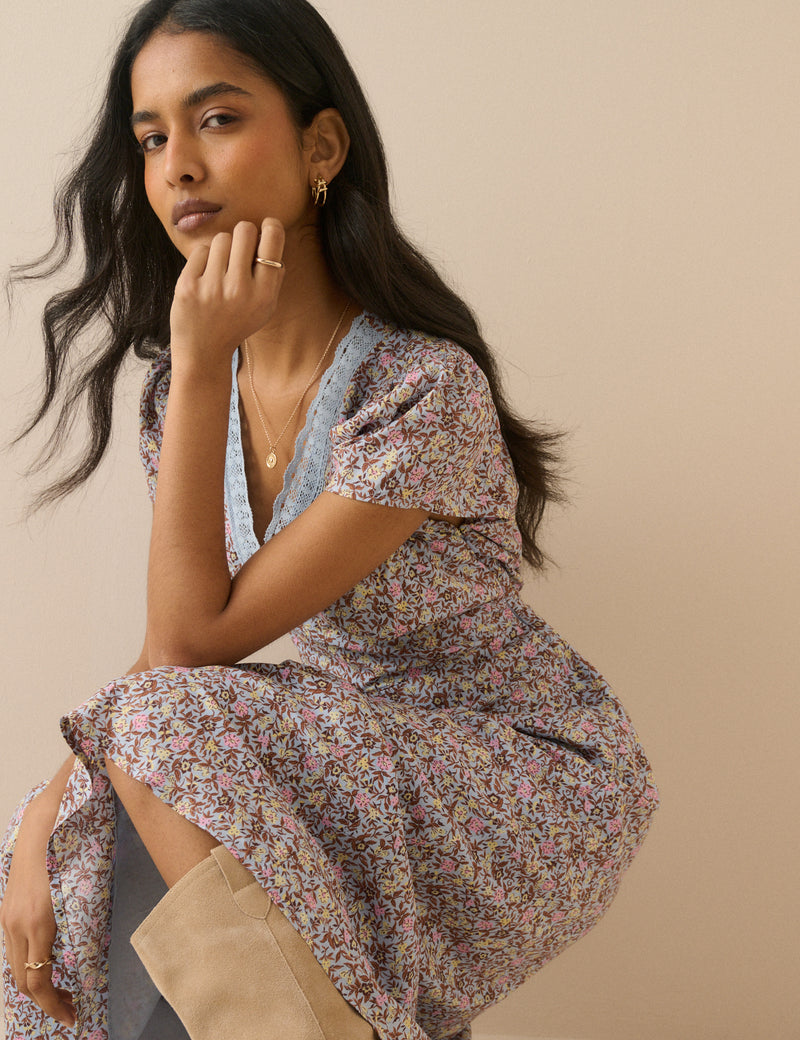 Blue Ditsy Floral Lace Trim Kacey Midi Dress