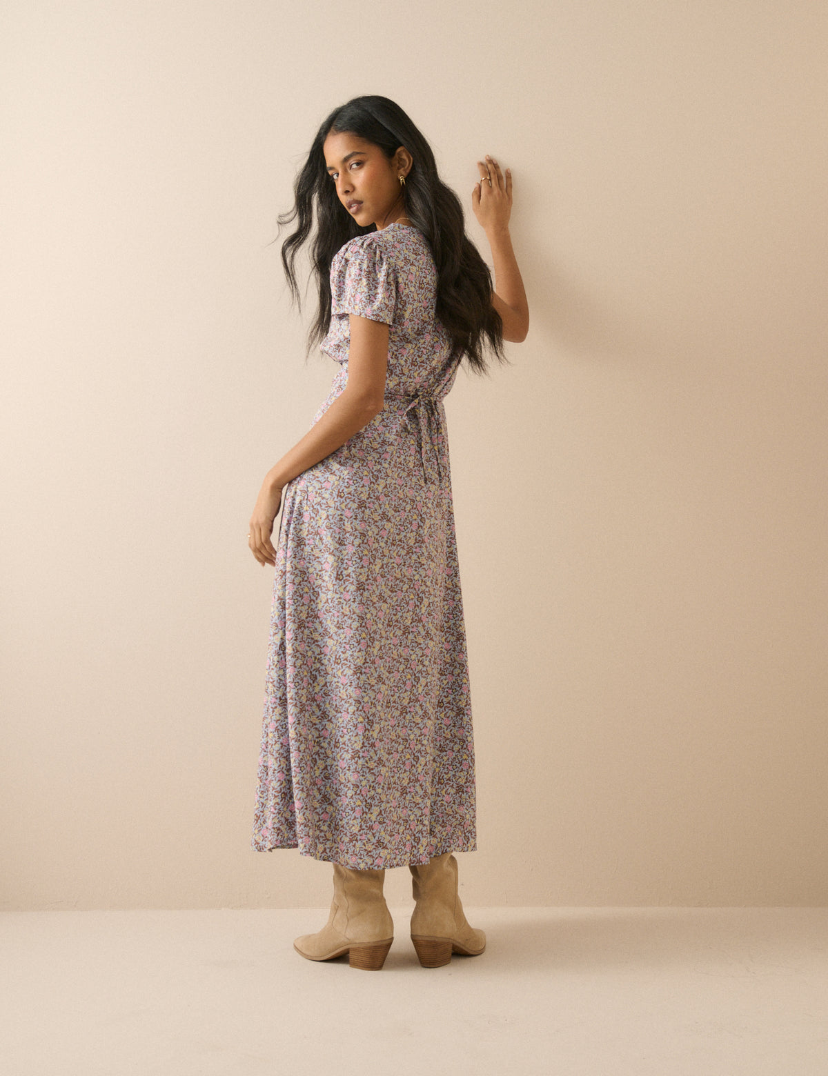 Blue Ditsy Floral Lace Trim Kacey Midi Dress