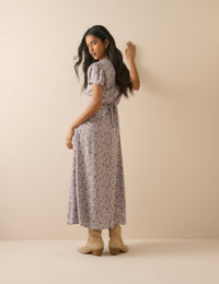 Blue Ditsy Floral Lace Trim Kacey Midi Dress