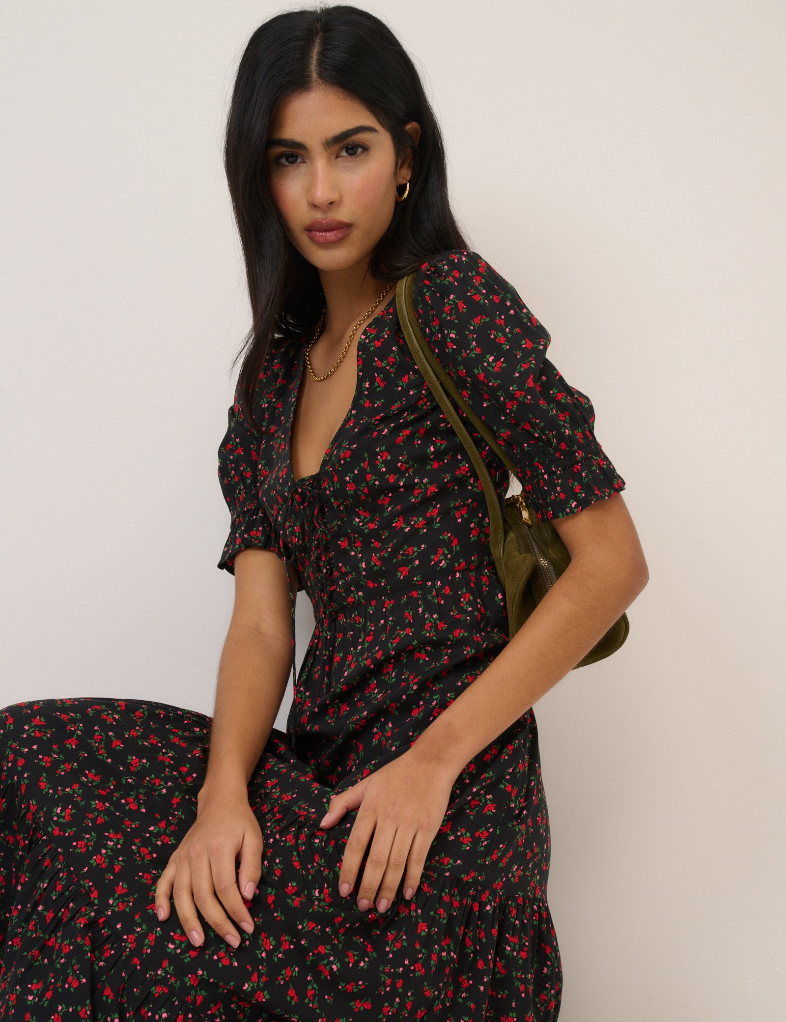 Black Floral Tiered Lia Midi Dress