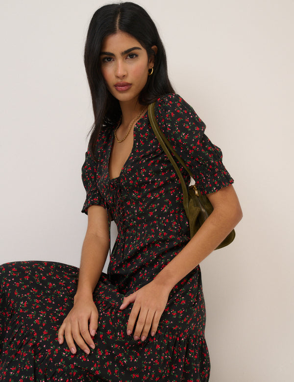 Black Floral Tiered Lia Midi Dress