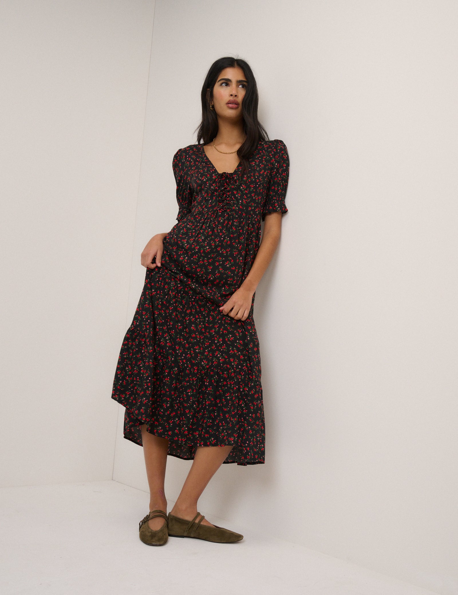 Black Floral Tiered Lia Midi Dress