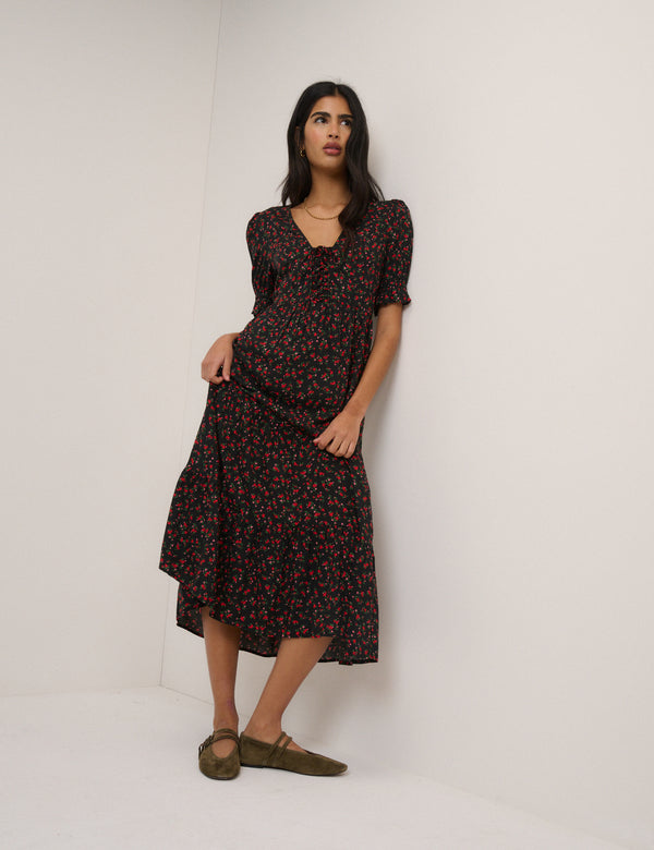 Black Floral Tiered Lia Midi Dress