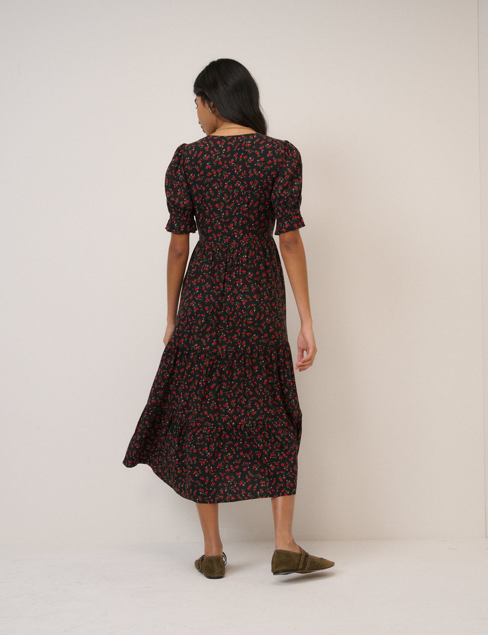 Black Floral Tiered Lia Midi Dress