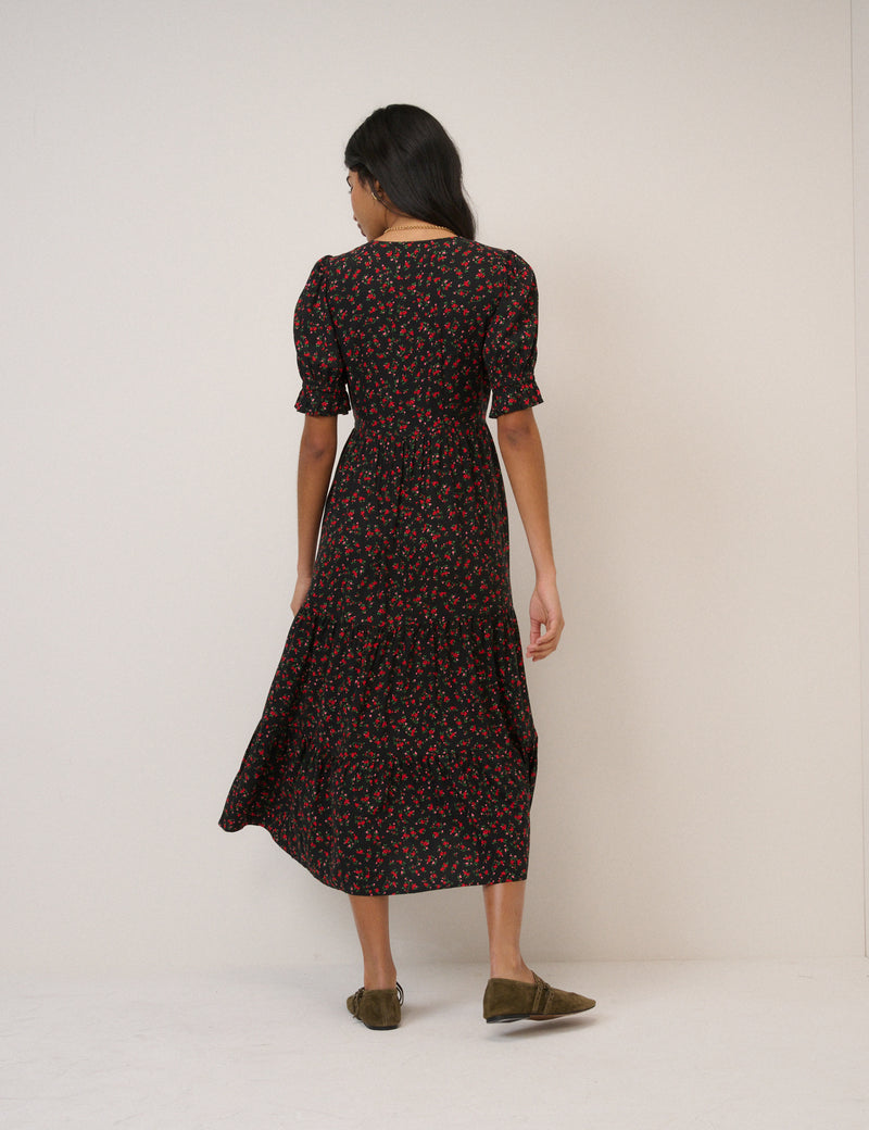 Black Floral Tiered Lia Midi Dress