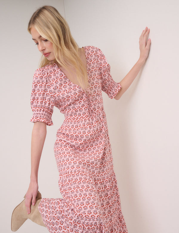 Pink Floral Puff Sleeve Lia Midi Dress