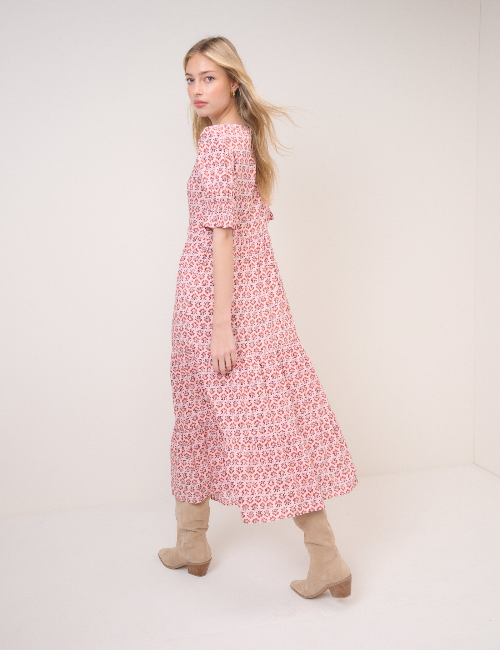 Pink Floral Puff Sleeve Lia Midi Dress