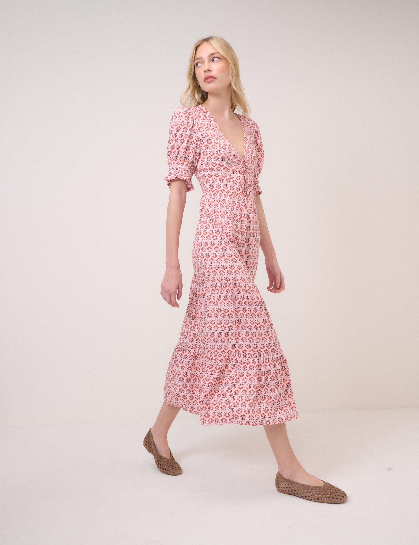 Pink Floral Puff Sleeve Lia Midi Dress