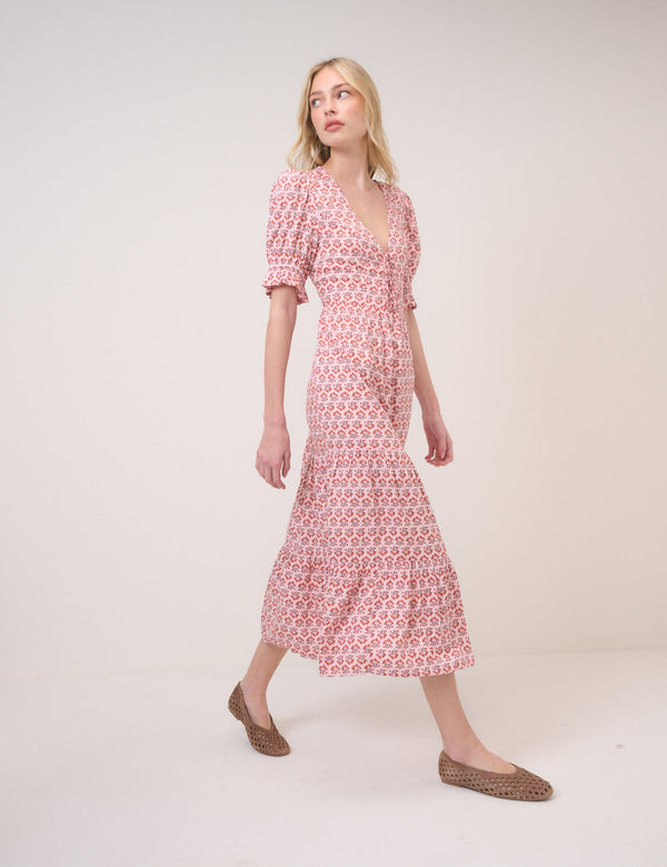 Pink Floral Puff Sleeve Lia Midi Dress