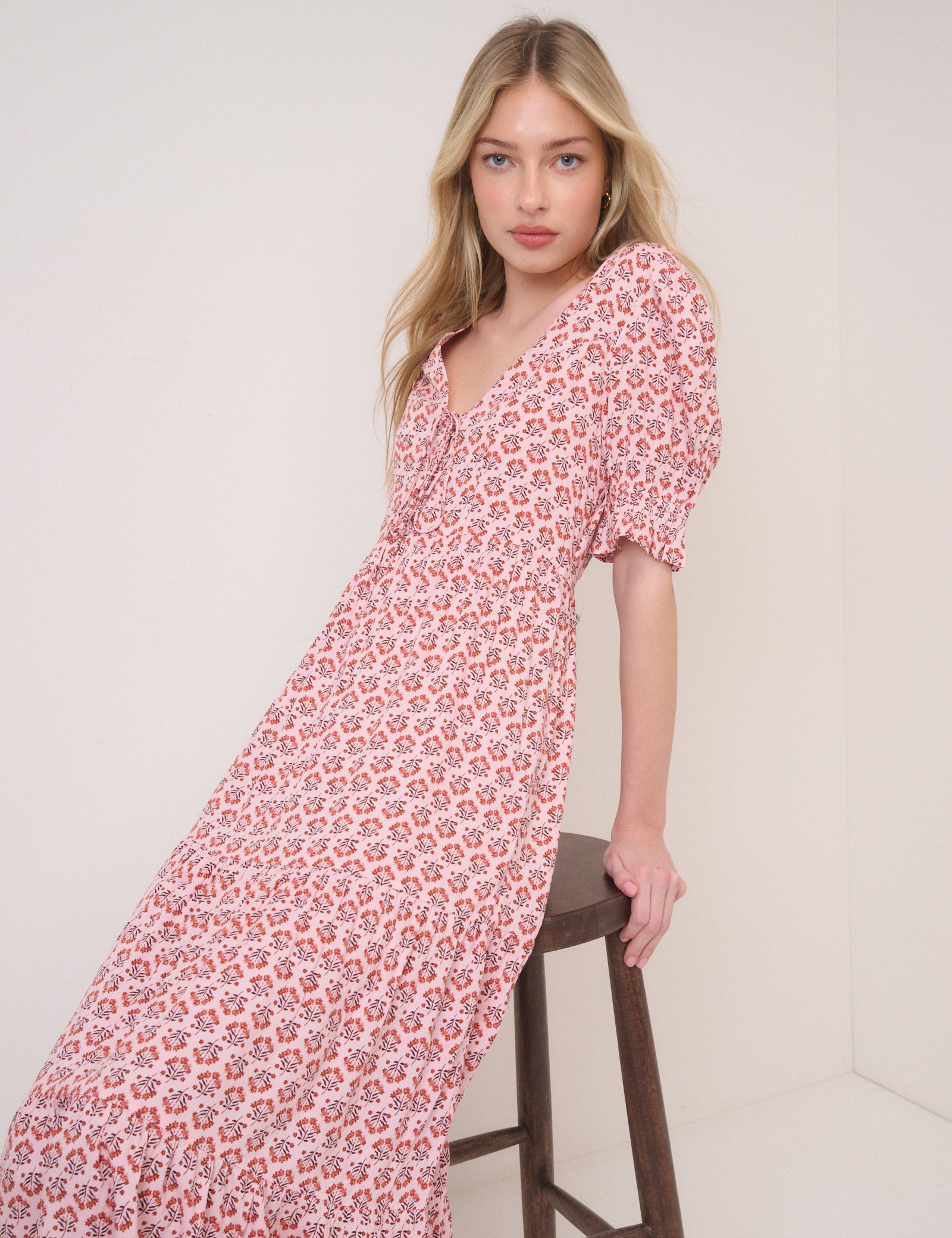 Pink Floral Puff Sleeve Lia Midi Dress