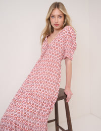 Pink Floral Puff Sleeve Lia Midi Dress