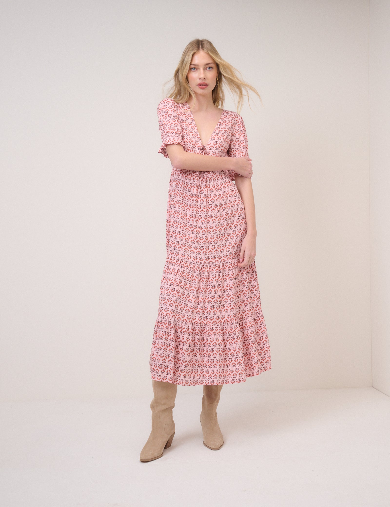 Pink Floral Puff Sleeve Lia Midi Dress