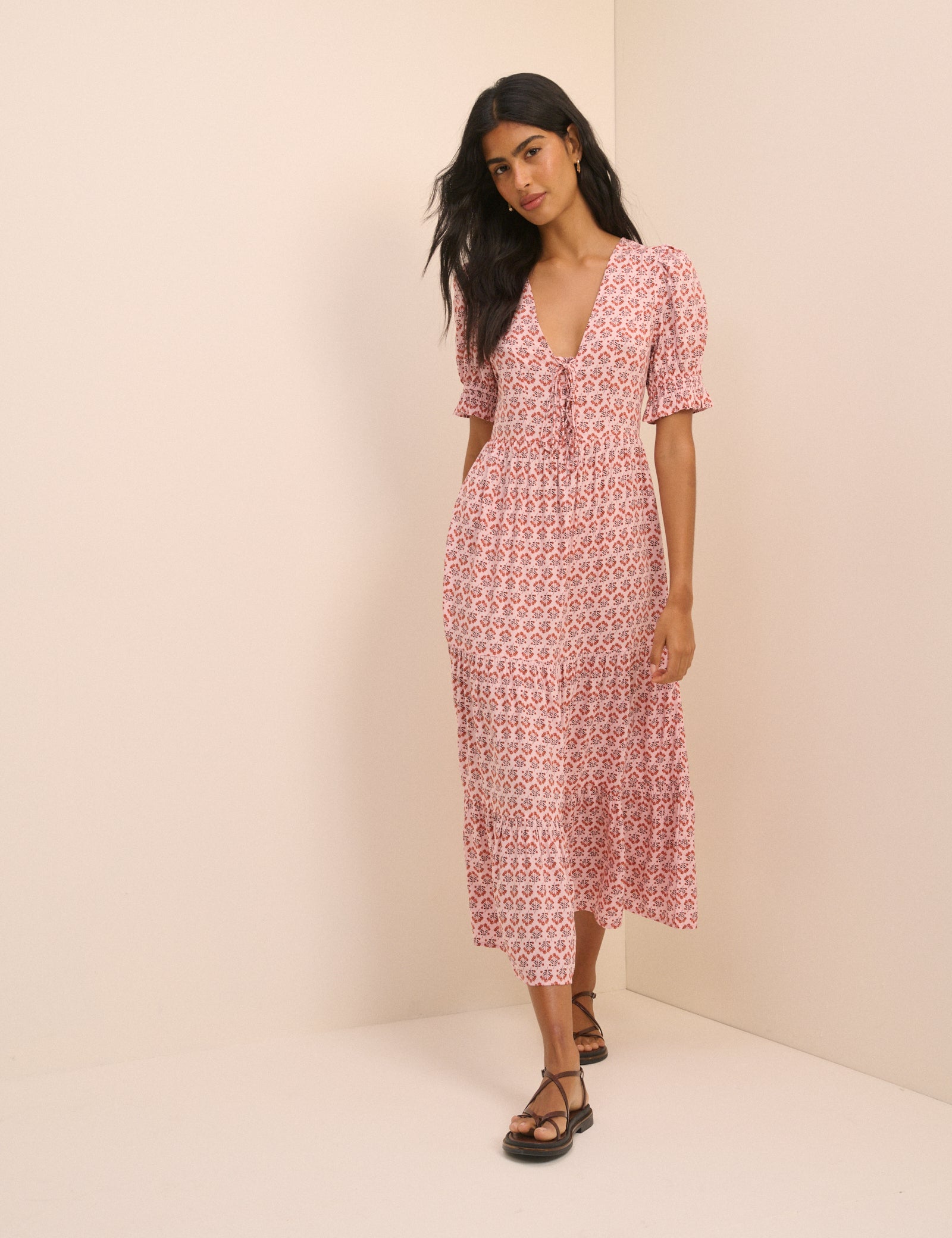 Pink Floral Puff Sleeve Lia Midi Dress