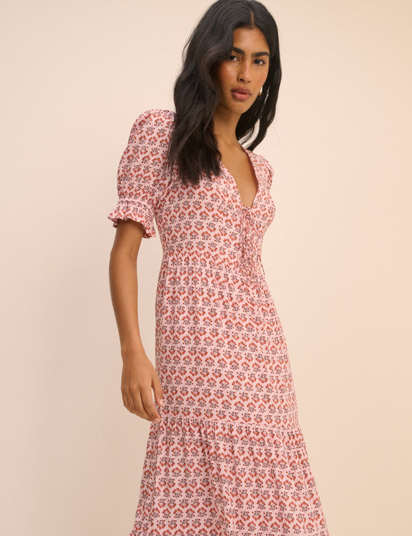 Pink Floral Puff Sleeve Lia Midi Dress