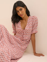 Pink Floral Puff Sleeve Lia Midi Dress