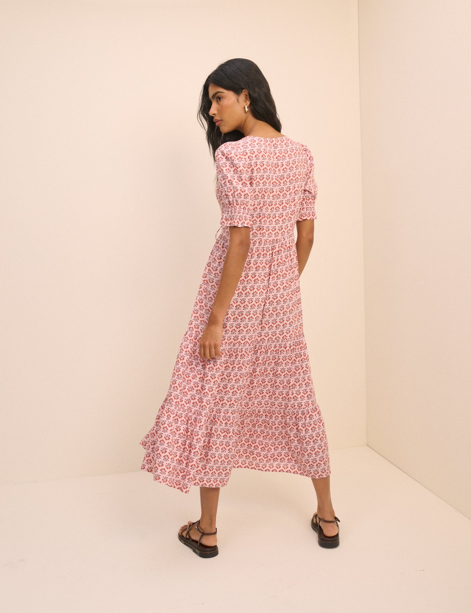 Pink Floral Puff Sleeve Lia Midi Dress