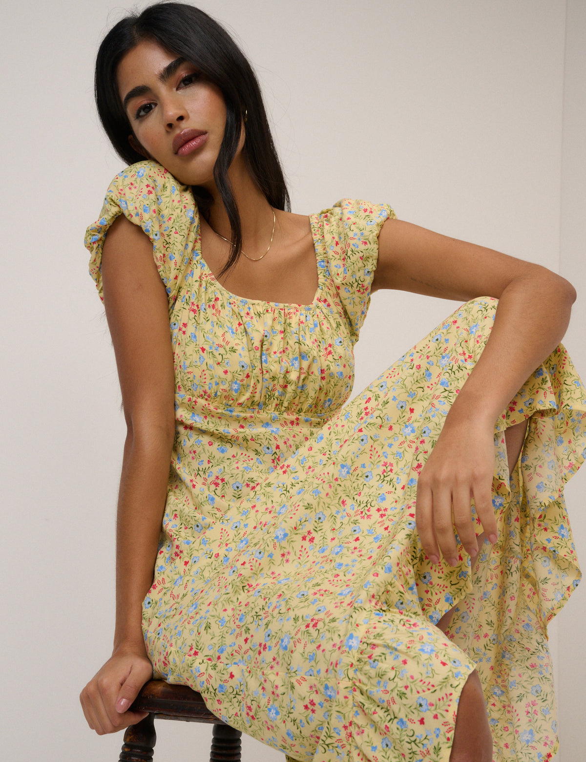Butter Yellow Ditsy Floral Jemima Midi Dress