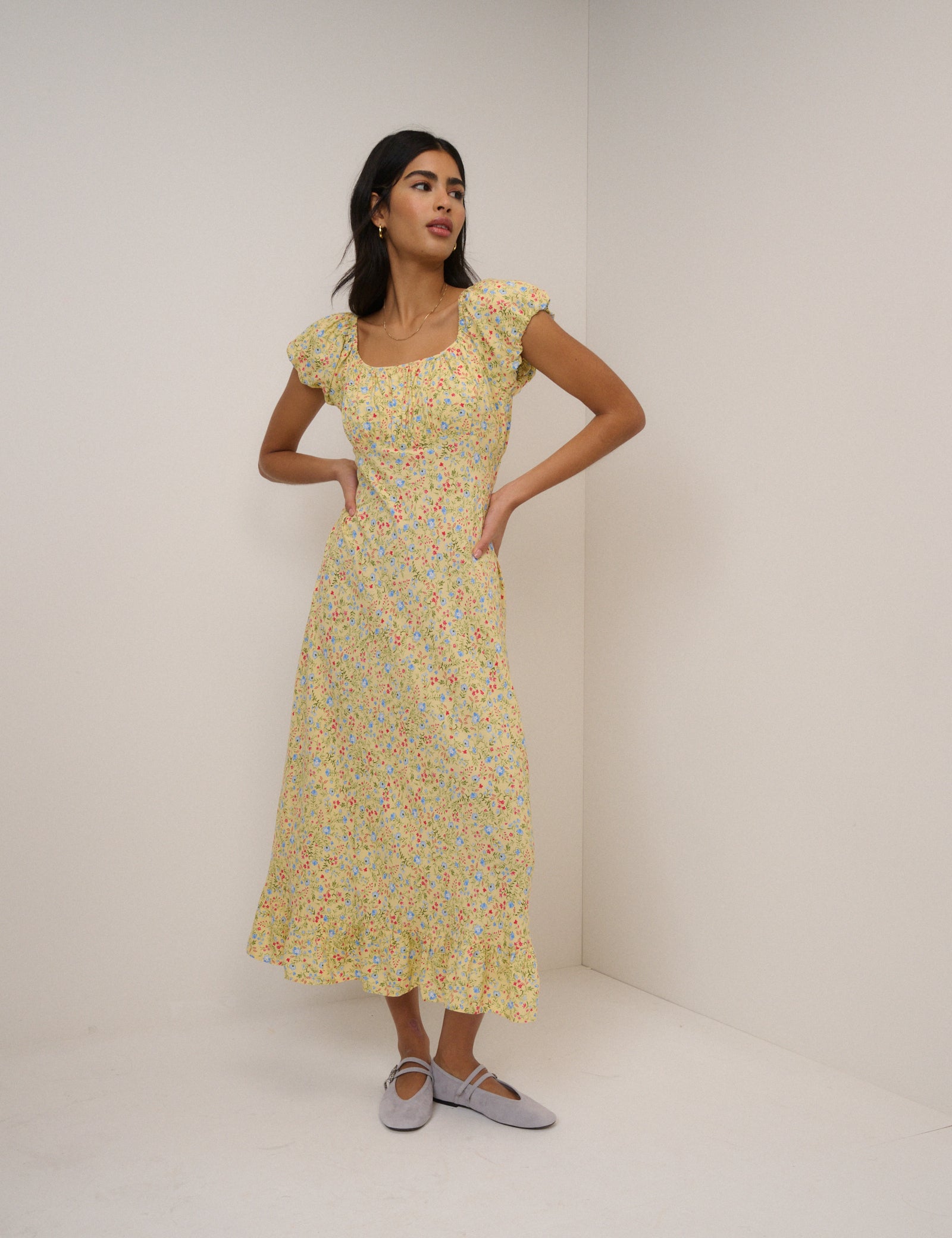butter yellow floral dress The Marilyn in Baroque 2 / Butter Yellow Baroque Floral which features tonal florals on a soft tonal buttery floral background a butter yellow floral in