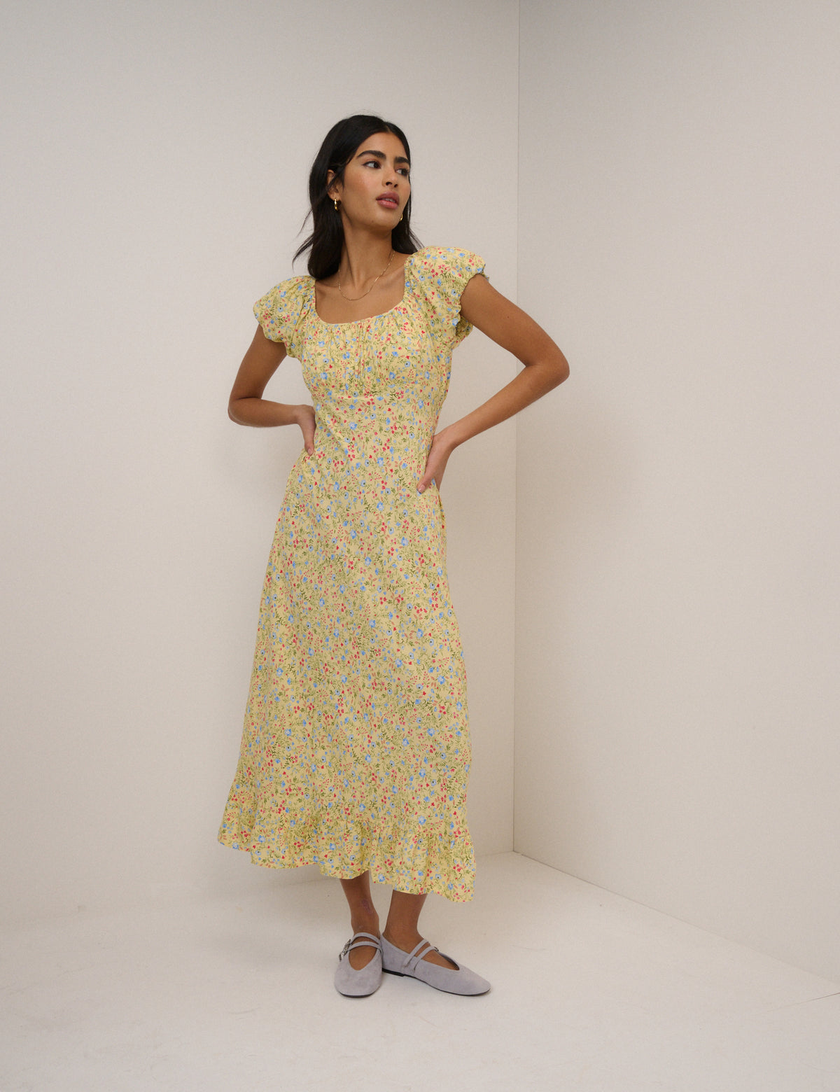 Butter Yellow Ditsy Floral Jemima Midi Dress