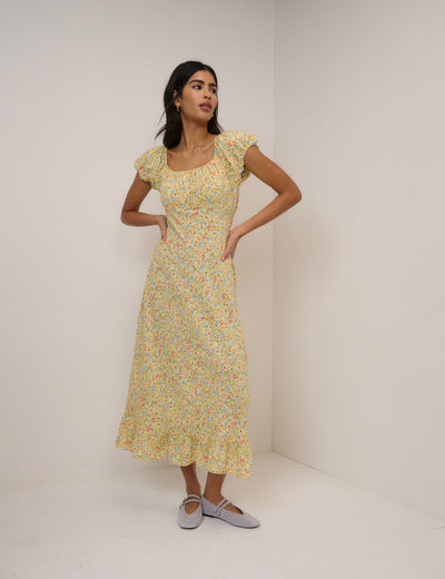 Butter Yellow Ditsy Floral Jemima Midi Dress