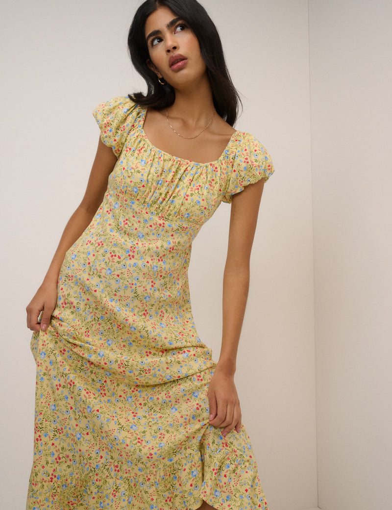 Butter Yellow Ditsy Floral Jemima Midi Dress