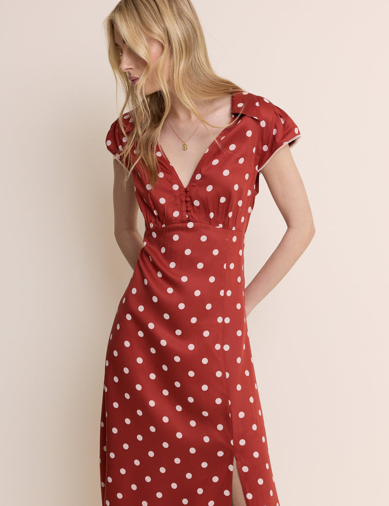 Red Polka Dot Collared Norma Midi Dress