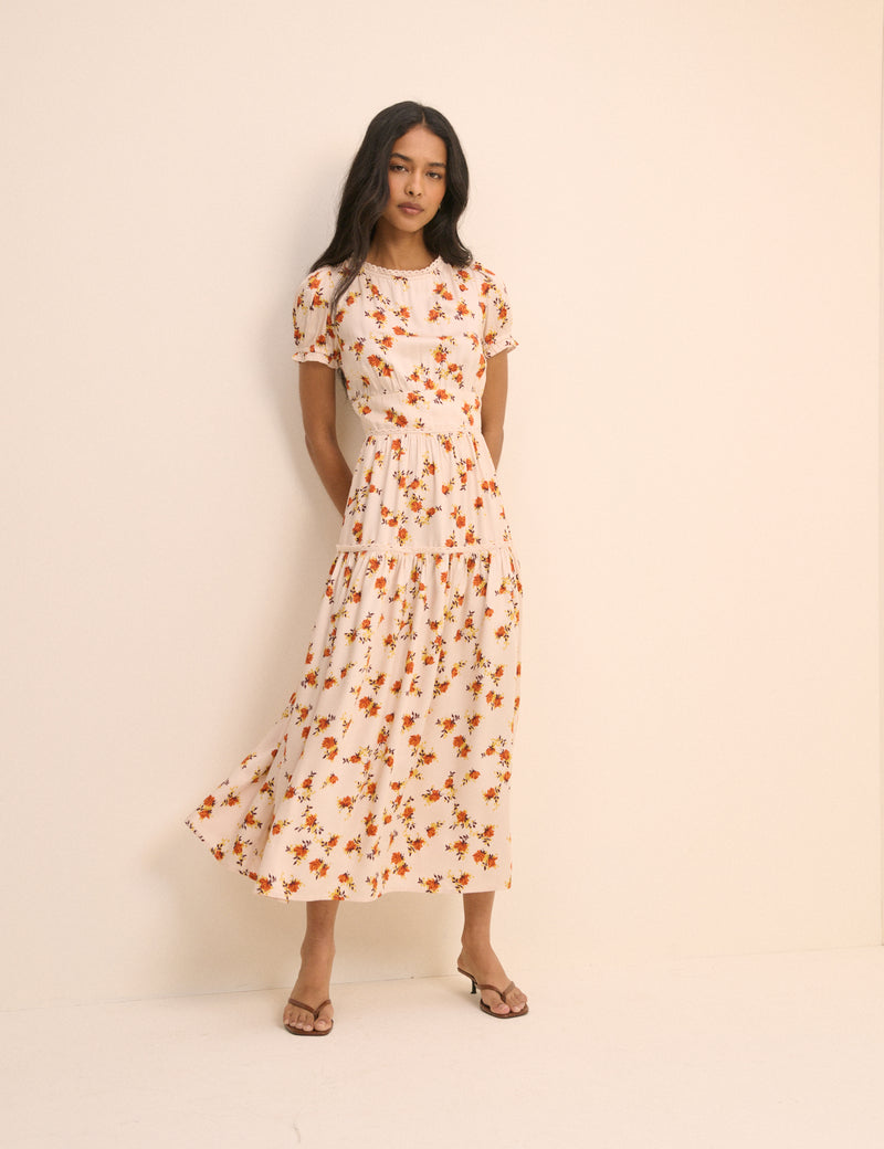 Cream Ditsy Floral Tiered Dara Midi Dress