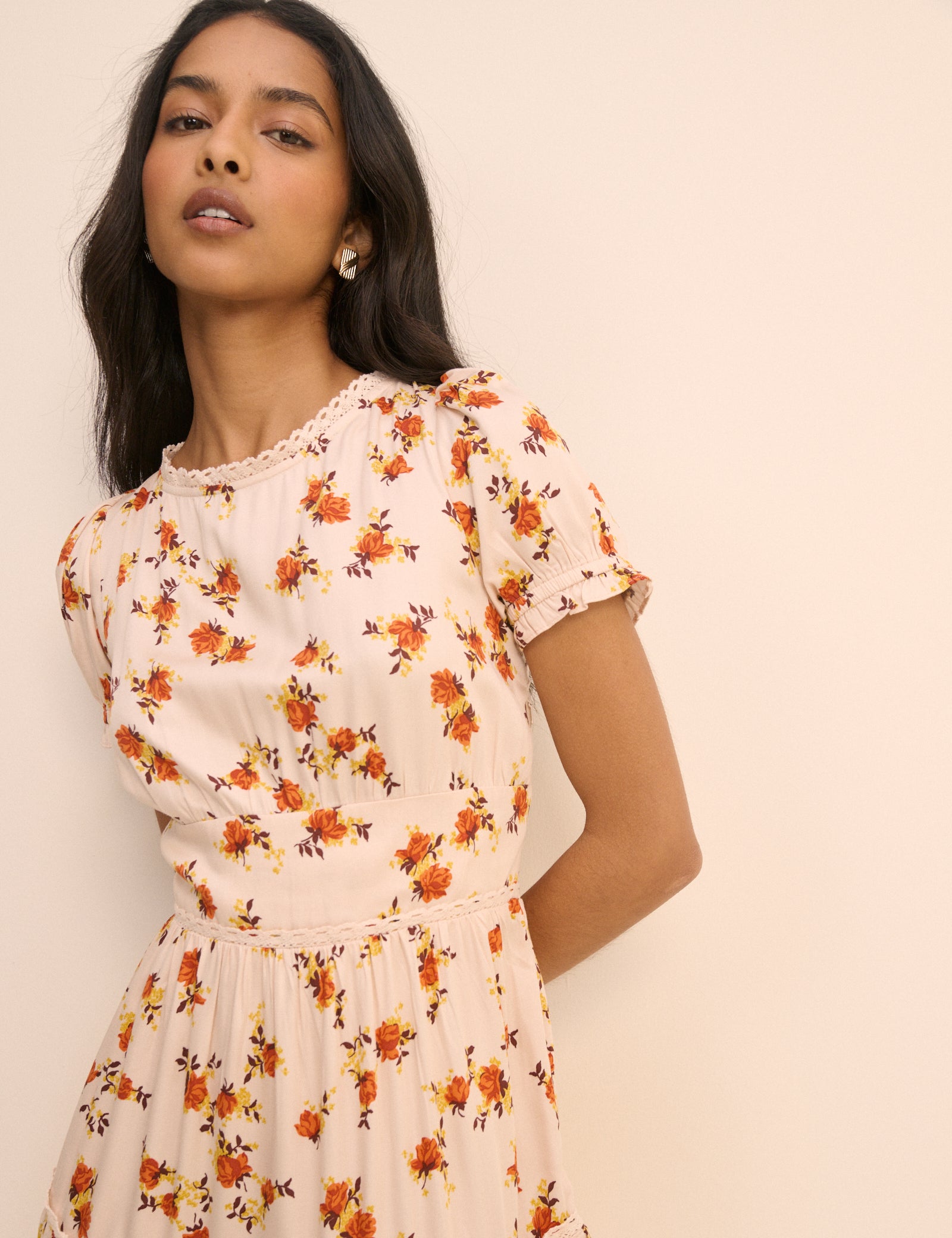 Cream Ditsy Floral Tiered Dara Midi Dress