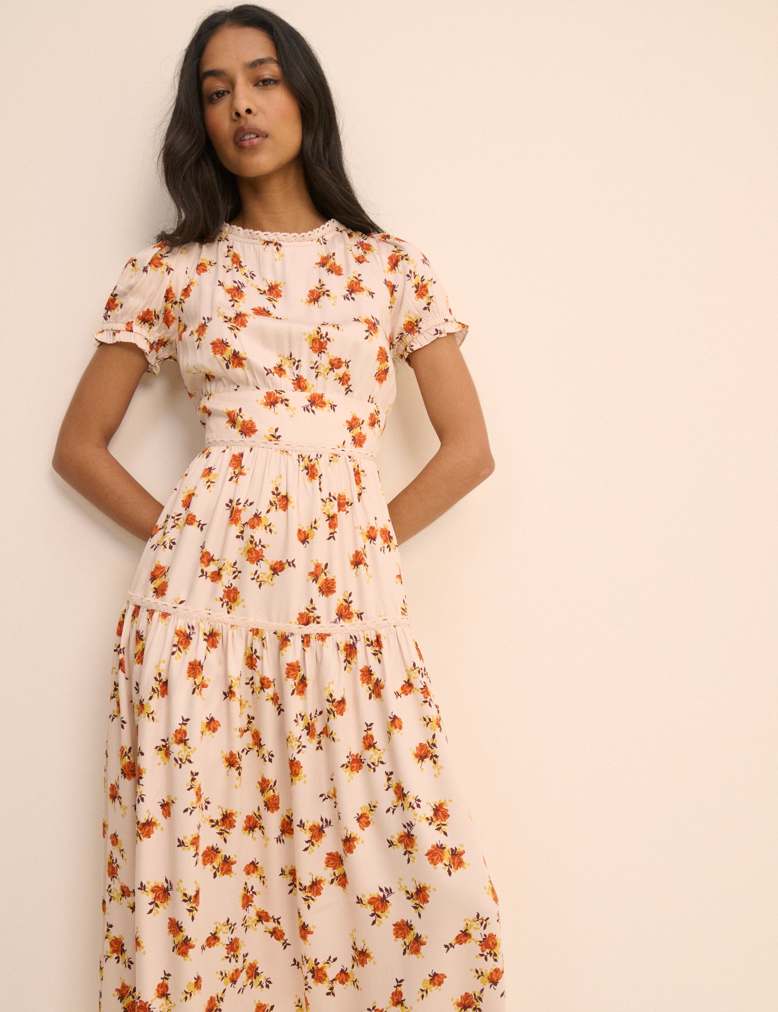 Cream Ditsy Floral Tiered Dara Midi Dress