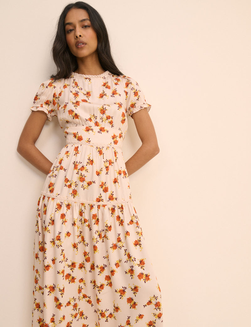 Floral Short Puff Sleeve Lace Trim Dara Midi Dress