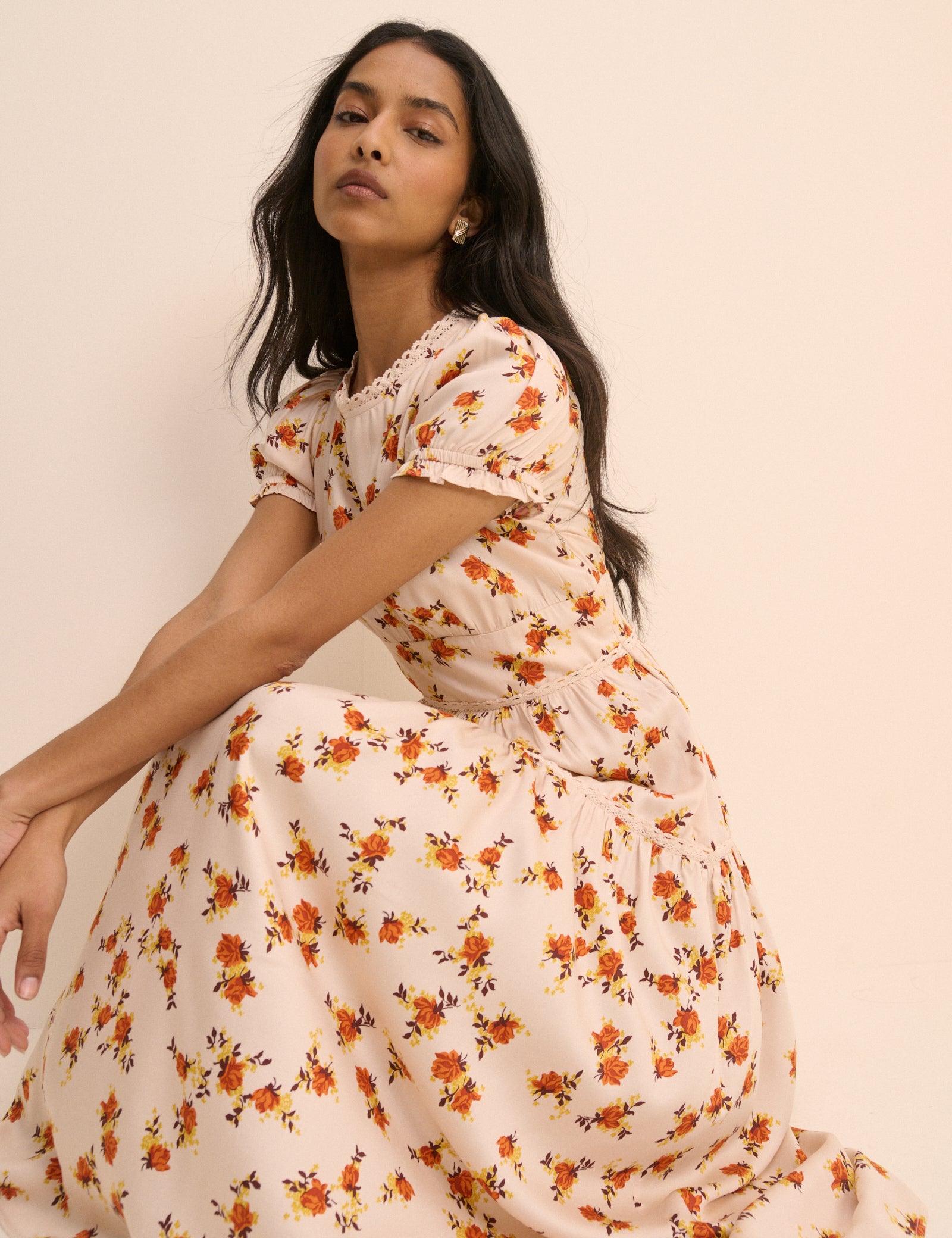 Cream Ditsy Floral Tiered Dara Midi Dress