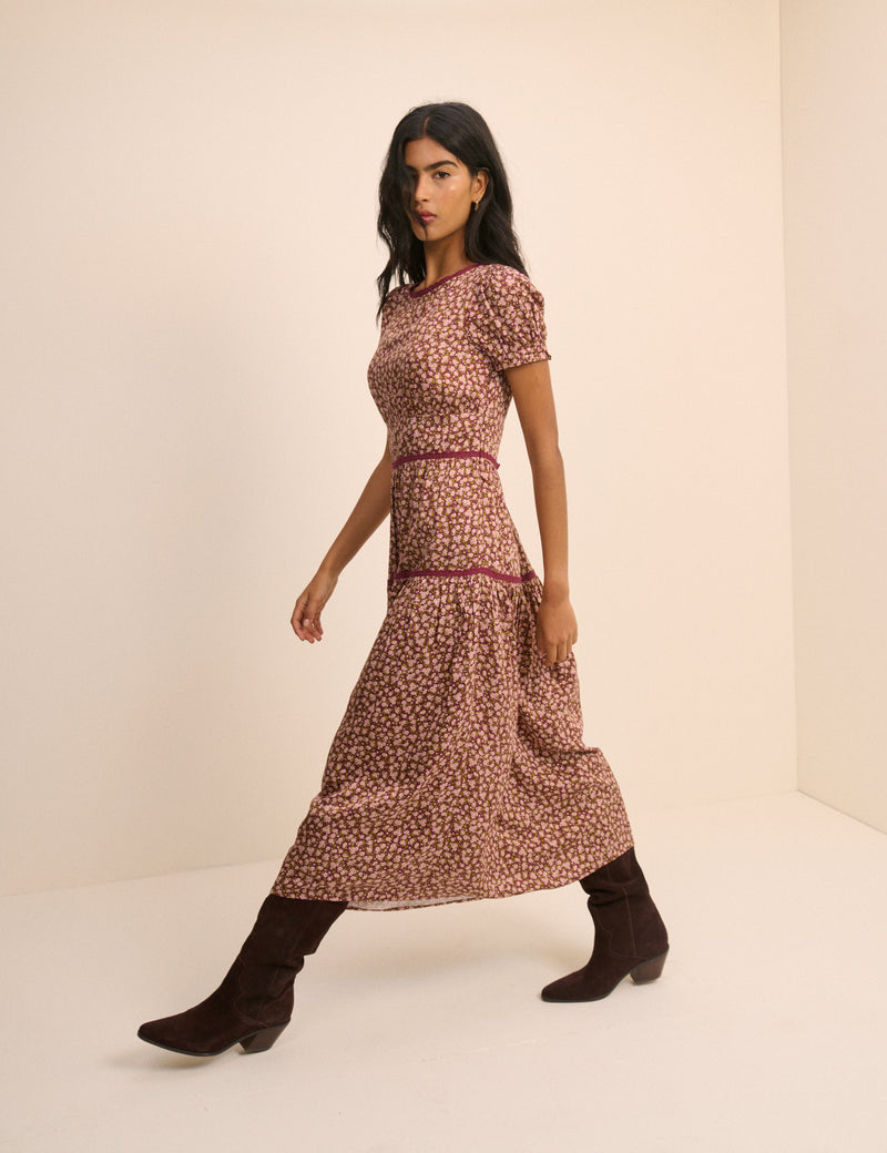Burgundy Floral Tiered Dara Midi Dress