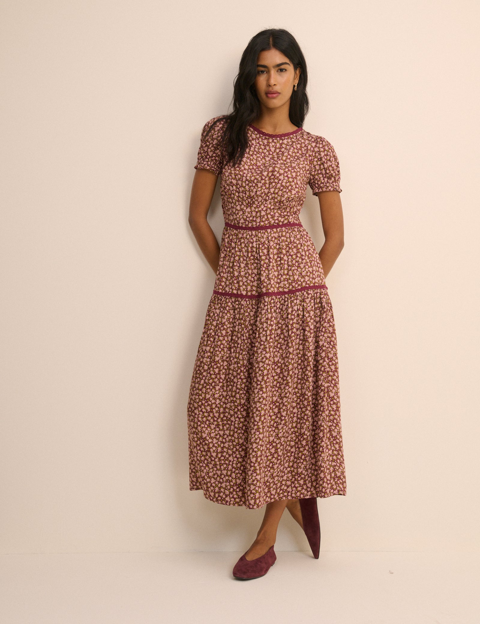 Burgundy Floral Tiered Dara Midi Dress