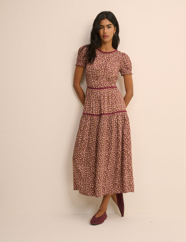 Burgundy Floral Tiered Dara Midi Dress