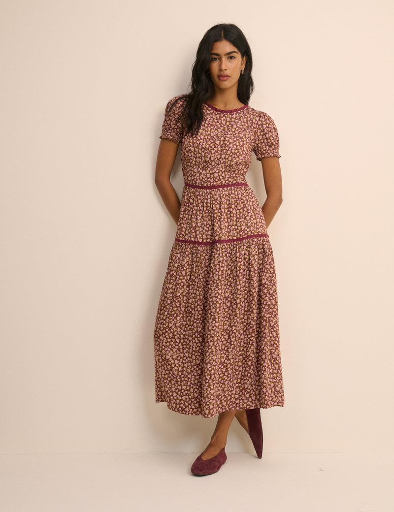 Burgundy Floral Tiered Dara Midi Dress